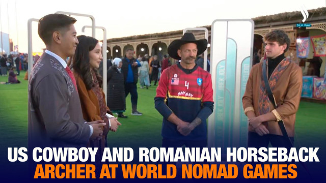 US cowboy and Romanian horseback archer at World Nomad Games