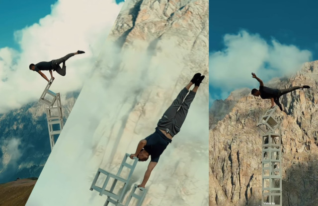 Kazakistanlı akrobat Almatı dağlarında sandalyelerle bir hareket gösterisi yaptı