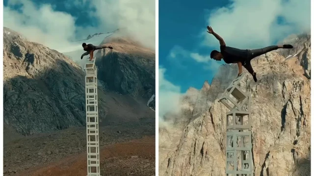 Шымбұлақ шыңында трюк жасаған акробат